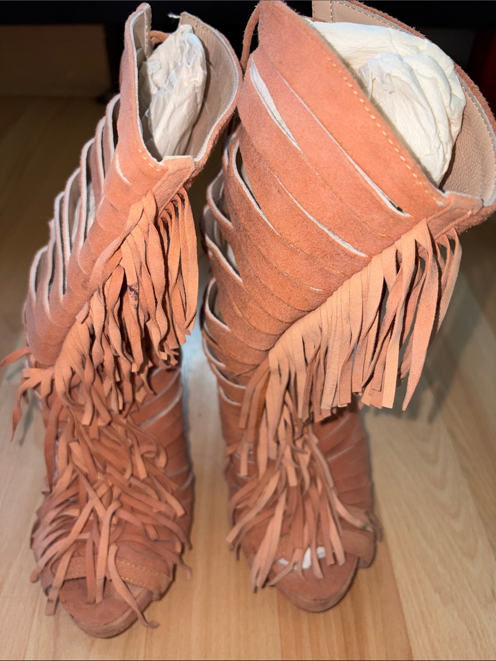 Christian Louboutin Blush Suede Fringe Knee-High Heeled Boots